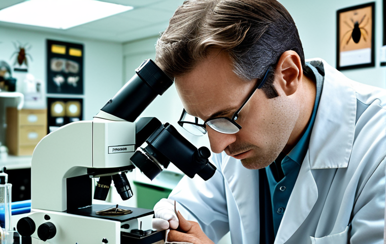 **
"A scientist in a lab coat studying insects under a microscope, surrounded by research equipment and insect specimens. The scene should convey scientific discovery and the importance of entomological research. Focus on laboratory environment and insect focused analysis."
**