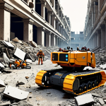 **

A swarm of tiny insect-sized robots navigating through rubble and debris in a collapsed building, searching for survivors. The scene emphasizes the robots' agility and ability to access confined spaces, with a focus on search and rescue in a disaster environment.

**
