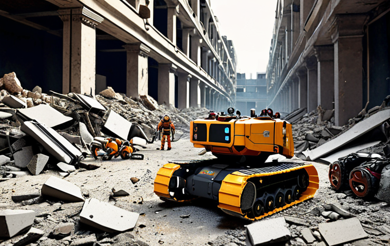 **
A swarm of tiny insect-sized robots navigating through rubble and debris in a collapsed building, searching for survivors. The scene emphasizes the robots' agility and ability to access confined spaces, with a focus on search and rescue in a disaster environment.
**