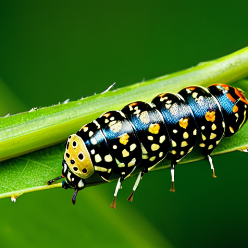 Home 9 A stunning macro photograph capturing the miraculous insect life cycle. Focus on a cluster of tiny, camouflaged insect eggs meticulously laid on a vibrant green leaf. Adjacent, a detailed caterpillar (larva) with distinct markings, actively munching on another leaf. Lastly, a serene chrysalis (pupa) delicately suspended from a thin twig, showing its intricate structure. The background is a soft-focus, lush natural garden. Emphasize intricate details, natural light, and a scientific illustration aesthetic. safe for work, appropriate content, fully clothed, family-friendly, perfect insect anatomy, correct proportions, well-formed features, natural pose, professional photography, high quality.