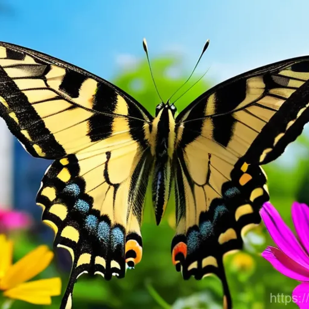 나비 종류 및 분포 - A vibrant swallowtail butterfly (Papilio xuthus) with distinct yellow and black tiger-like stripes, ...