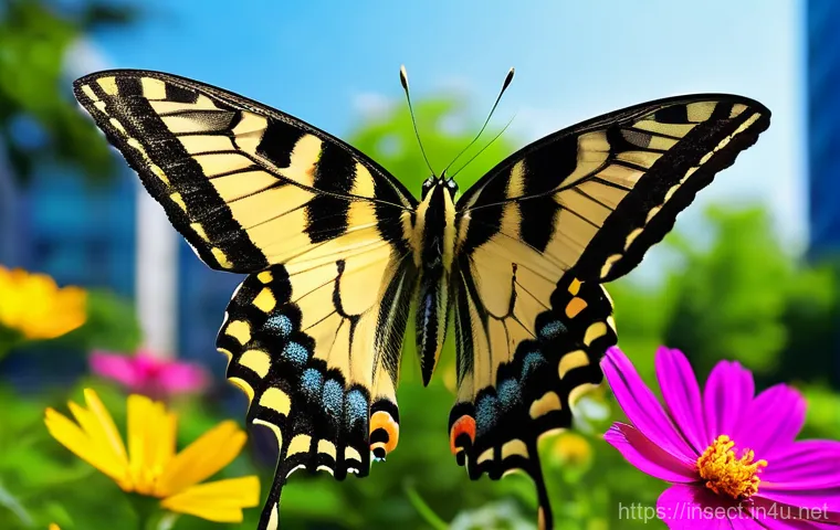 나비 종류 및 분포 - A vibrant swallowtail butterfly (Papilio xuthus) with distinct yellow and black tiger-like stripes, ...