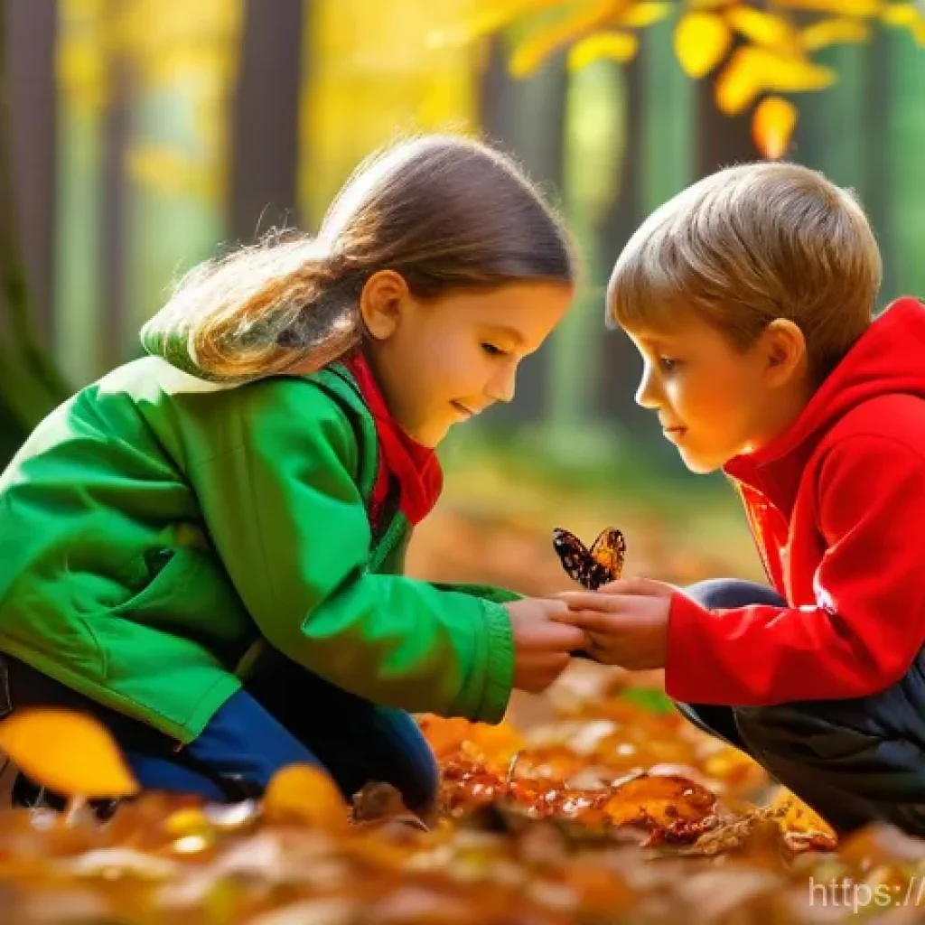 곤충 생태 체험 프로그램 - **Image Prompt:** A group of diverse children, aged 6-10, with bright, curious expressions, are acti...