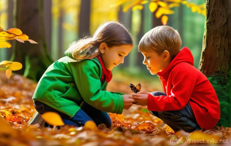 곤충 생태 체험 프로그램 - **Image Prompt:** A group of diverse children, aged 6-10, with bright, curious expressions, are acti...