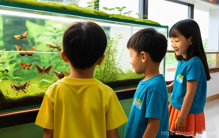 곤충 생태 체험 프로그램 - **Image Prompt:** A group of diverse children, aged 6-10, with bright, curious expressions, are acti...