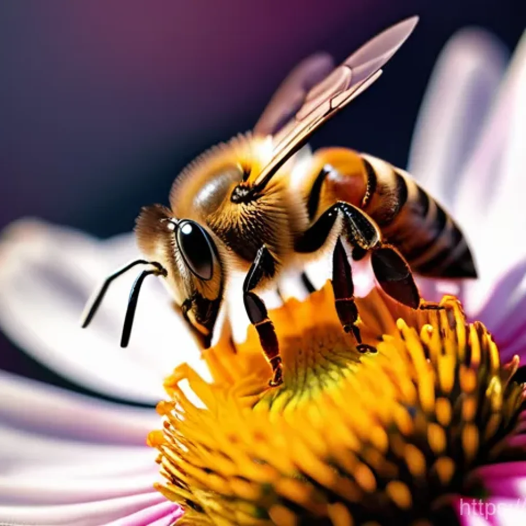 곤충 독 특징 및 활용법 - A close-up, realistic shot of a honeybee delicately perched on a vibrant, blooming flower, its fuzzy...