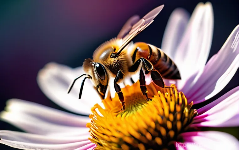 곤충 독 특징 및 활용법 - A close-up, realistic shot of a honeybee delicately perched on a vibrant, blooming flower, its fuzzy...