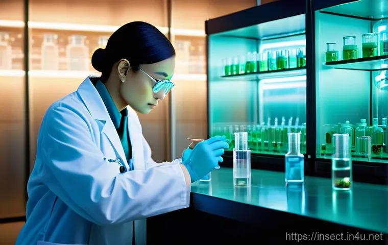 곤충 독을 이용한 의학 연구 - **Prompt 1: "A futuristic laboratory scene bathed in soft, glowing light. In the foreground, a focus...