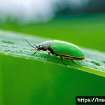 곤충과 농업 발전 - **Prompt:** A close-up, macro photograph capturing a vibrant green crop leaf in a lush agricultural ...
