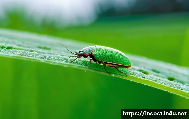 곤충과 농업 발전 - **Prompt:** A close-up, macro photograph capturing a vibrant green crop leaf in a lush agricultural ...