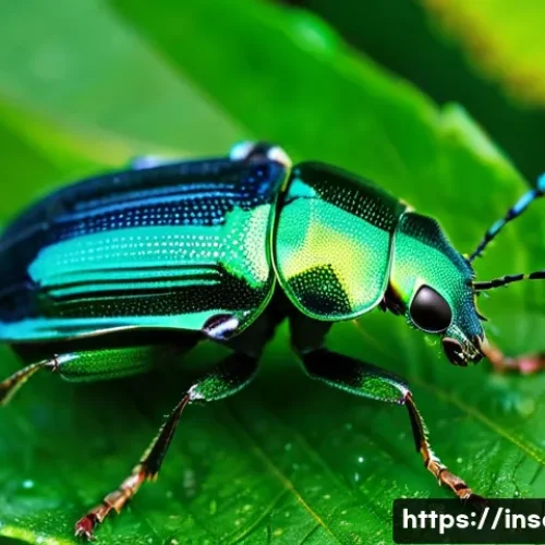 Home 29 곤충 생태 다큐멘터리 - A stunning macro shot of a vibrant, emerald-green beetle with intricate patterns on its iridescent w...