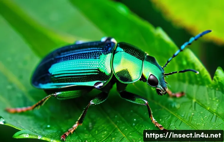 곤충 생태 다큐멘터리 - A stunning macro shot of a vibrant, emerald-green beetle with intricate patterns on its iridescent w...
