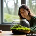 곤충 테라리움 만들기 - A serene indoor scene featuring a woman in her late 20s to early 30s, dressed in casual, comfortable...