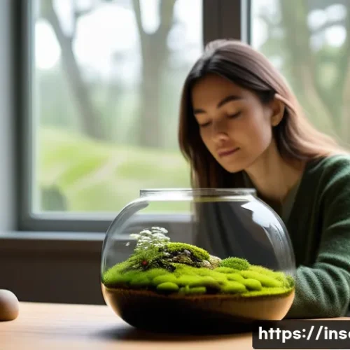 Home 16 곤충 테라리움 만들기 - A serene indoor scene featuring a woman in her late 20s to early 30s, dressed in casual, comfortable...