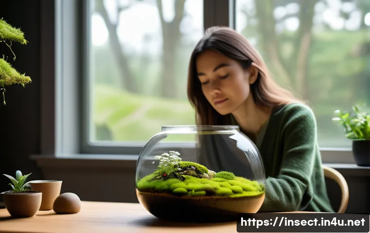 곤충 테라리움 만들기 - A serene indoor scene featuring a woman in her late 20s to early 30s, dressed in casual, comfortable...