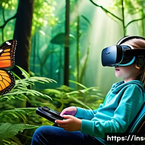 Home 31 곤충 관련 VR 콘텐츠 - A highly detailed virtual reality scene showcasing a child wearing a lightweight VR headset and usin...