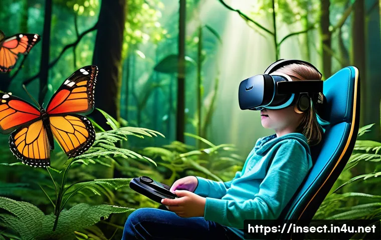 곤충 관련 VR 콘텐츠 - A highly detailed virtual reality scene showcasing a child wearing a lightweight VR headset and usin...