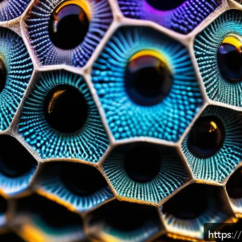 곤충의 시각 구조 연구 - A highly detailed macro close-up of an insect’s compound eye, showcasing hundreds of tiny ommatidia ...