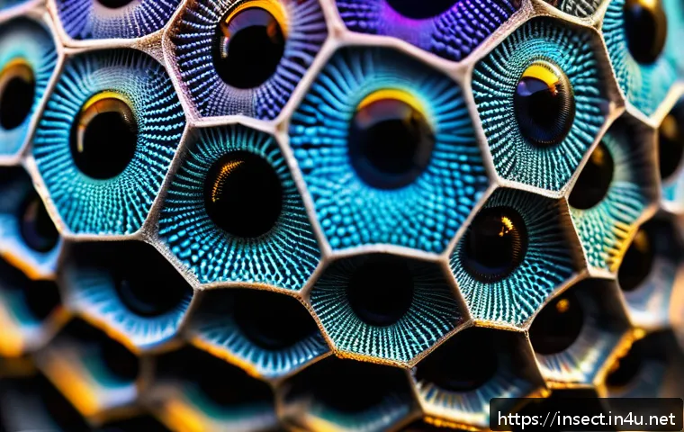 곤충의 시각 구조 연구 - A highly detailed macro close-up of an insect’s compound eye, showcasing hundreds of tiny ommatidia ...