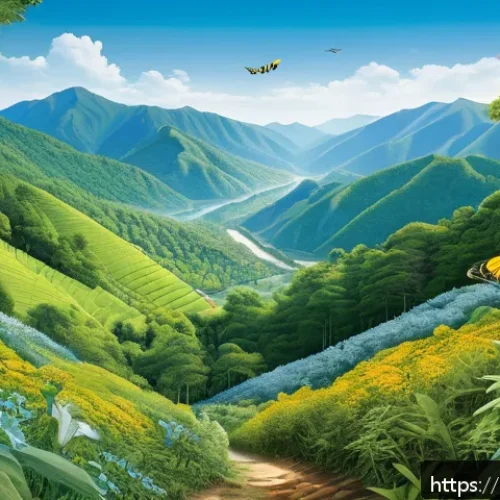Home 17 곤충과 기후 변화 - A detailed illustration of a temperate forest transitioning into a mountainous region, showing diver...