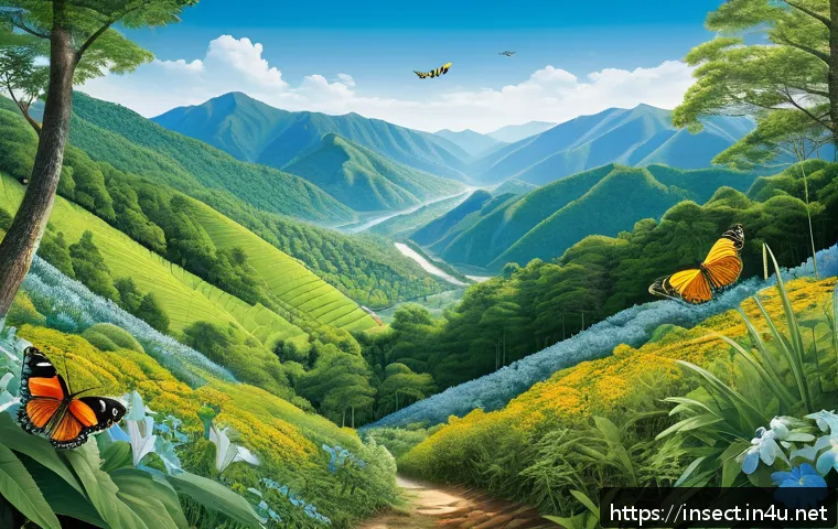 곤충과 기후 변화 - A detailed illustration of a temperate forest transitioning into a mountainous region, showing diver...